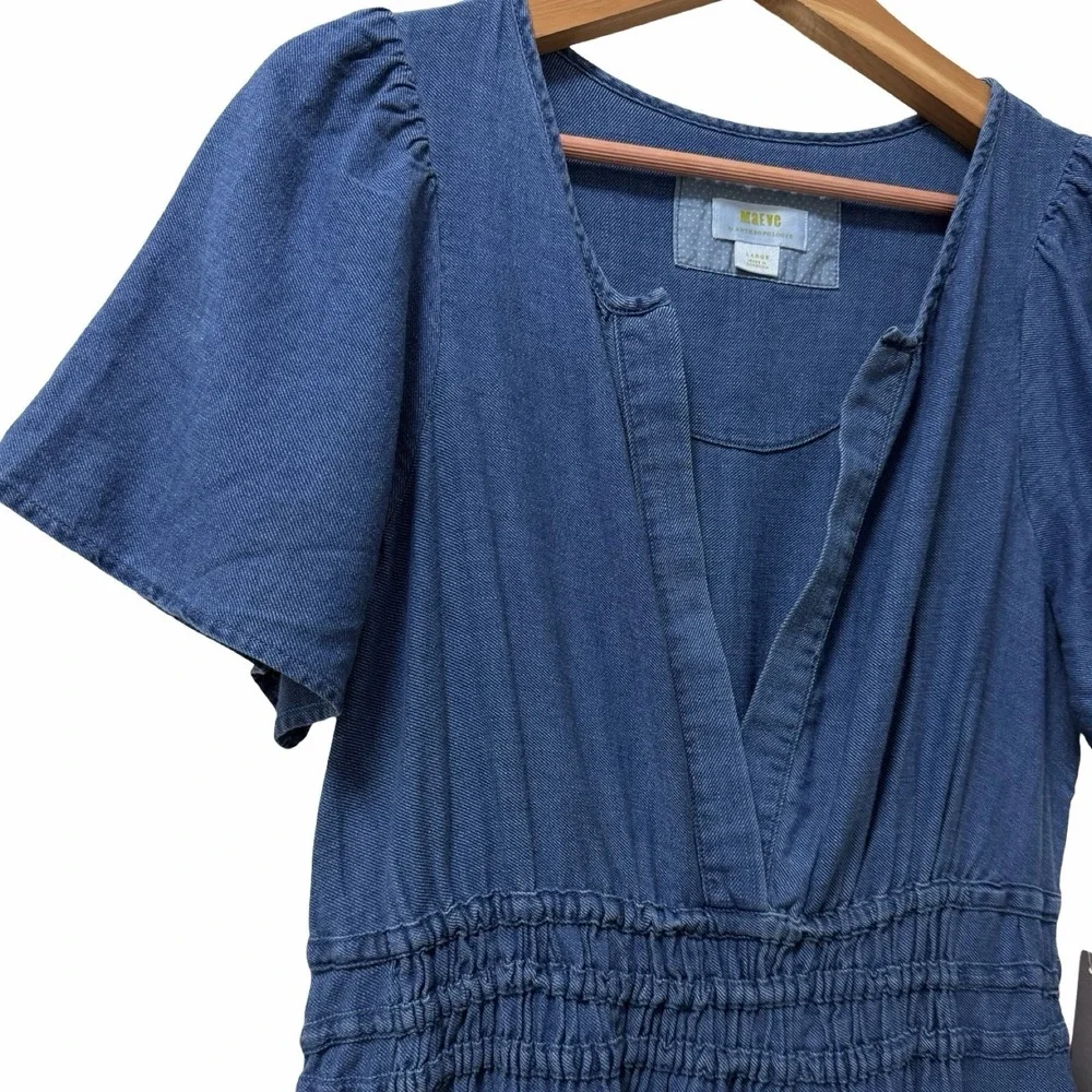 Anthropologie Maeve Somerset Chambray Tiered Maxi Dress Size L Blue Pockets NEW - Picture 4 of 9